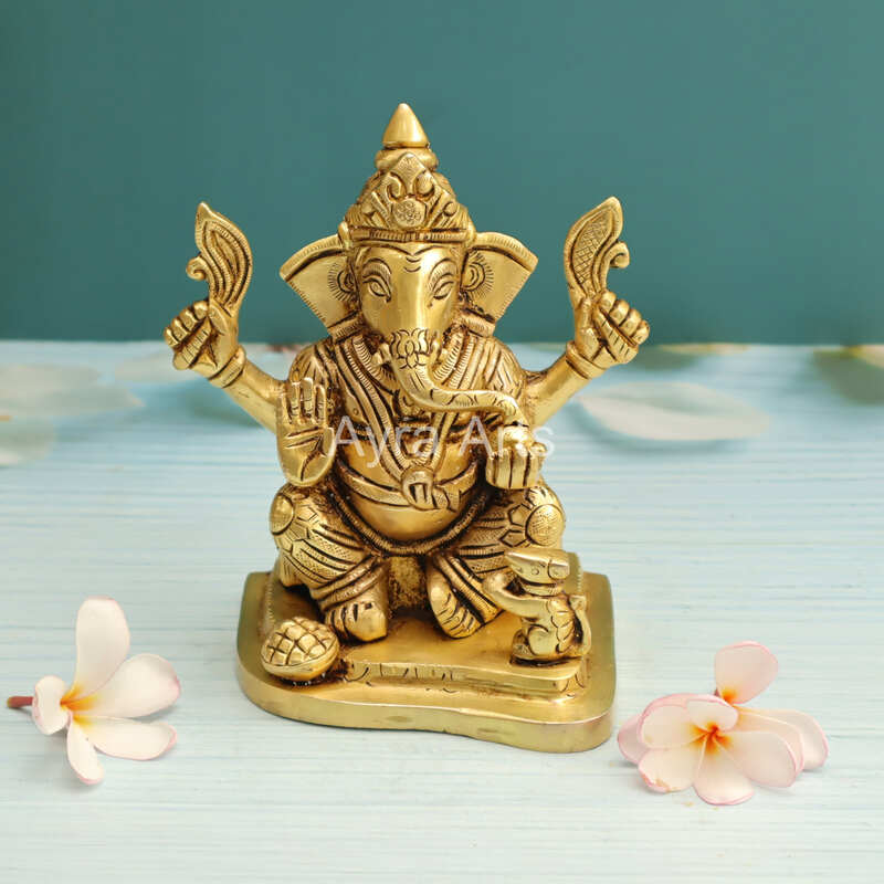 Brass Ganesh Idol With Prasadam And Mushika - 6 Inch Height