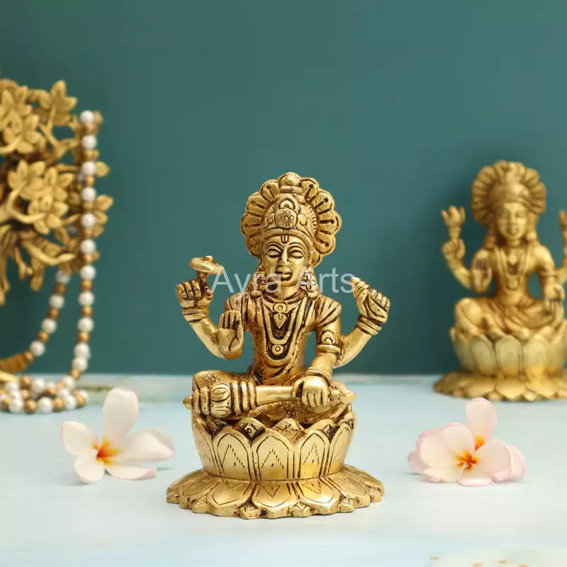 Lord Vishnu Murthi Seated on Lotus In Brass - 5.2 Inch Height