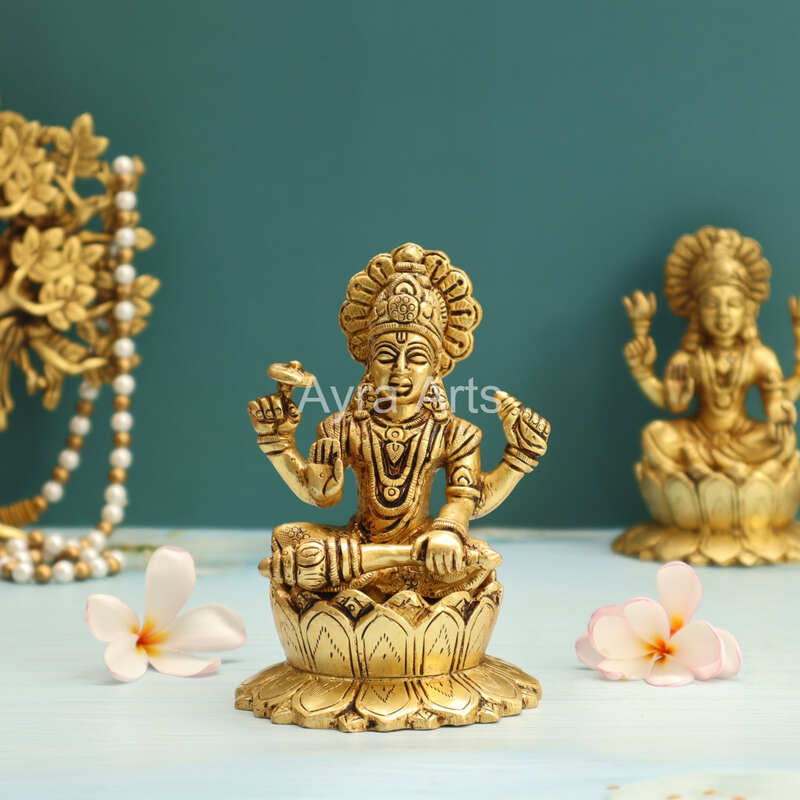 Lord Vishnu Murthi Seated on Lotus In Brass - 5.2 Inch Height