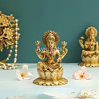 Goddess Lakshmi Statue Seated on Lotus In Brass - 5.2 Inch Height