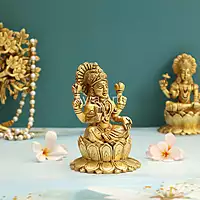 Goddess Lakshmi Statue Seated on Lotus In Brass - 5.2 Inch Height