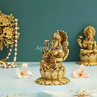 Goddess Lakshmi Statue Seated on Lotus In Brass - 5.2 Inch Height