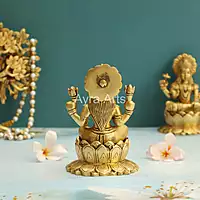Goddess Lakshmi Statue Seated on Lotus In Brass - 5.2 Inch Height