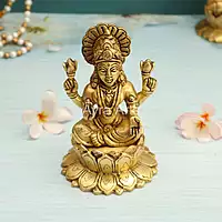 Goddess Lakshmi Statue Seated on Lotus In Brass - 5.2 Inch Height