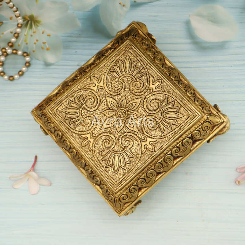 Brass Square Shaped Chowki with Elephant Legs - 7 Inch Length