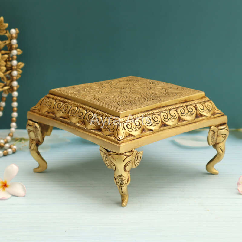 Brass Square Shaped Chowki with Elephant Legs - 7 Inch Length