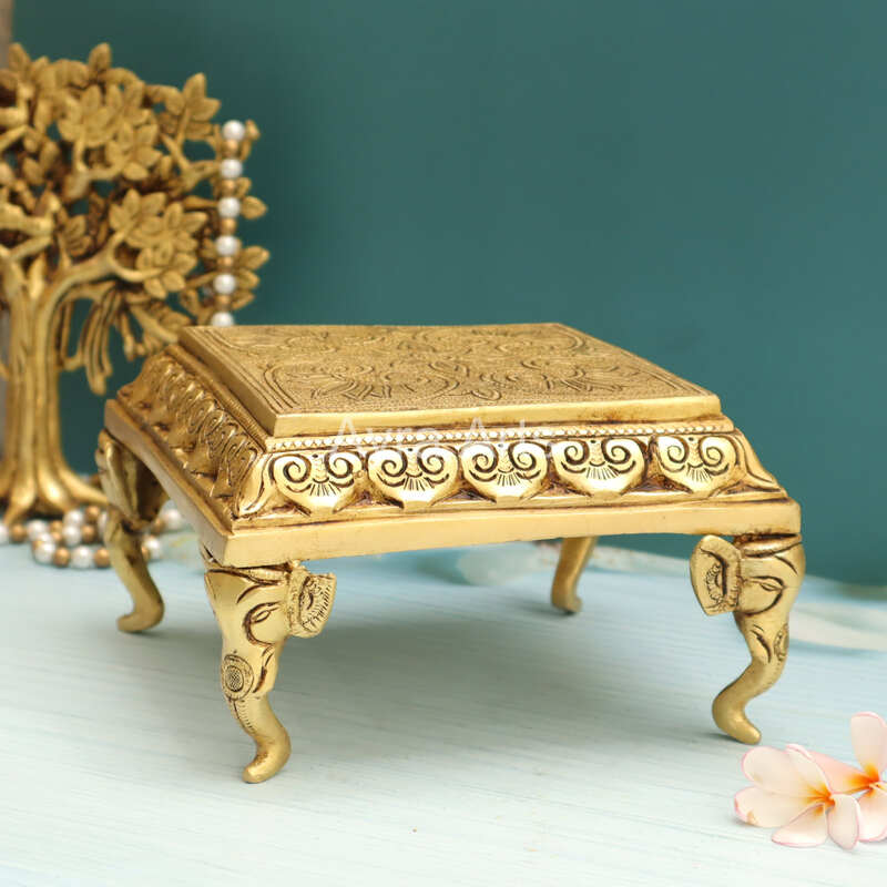 Brass Square Shaped Chowki with Elephant Legs - 7 Inch Length