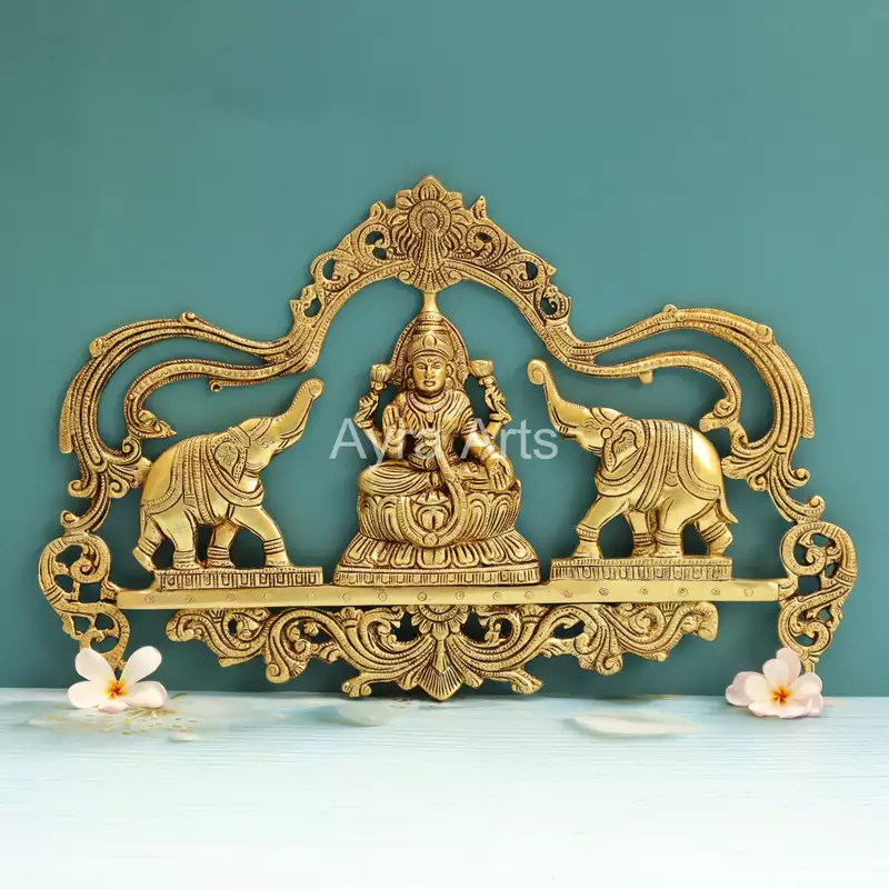 Gaja Lakshmi Wall Hanging Plate With Arch Design In Brass - 17 Inch Length
