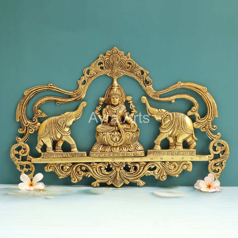 Gaja Lakshmi Wall Hanging Plate With Arch Design In Brass - 17 Inch Length