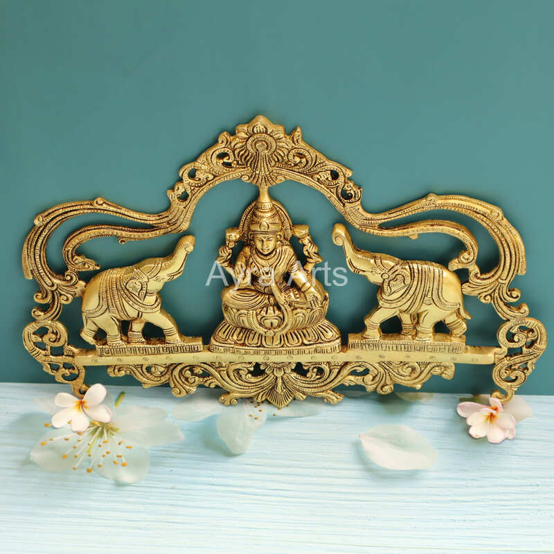 Gaja Lakshmi Wall Hanging Plate With Arch Design In Brass - 17 Inch Length