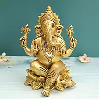 Brass Ganesh Idol Sitting on Lotus Ganpati Bhagwan Statue for Home Entrance Good Luck Vastu Decoration Showpiece and Gift - 10 Inch Height