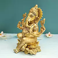 Brass Ganesh Idol Sitting on Lotus Ganpati Bhagwan Statue for Home Entrance Good Luck Vastu Decoration Showpiece and Gift - 10 Inch Height