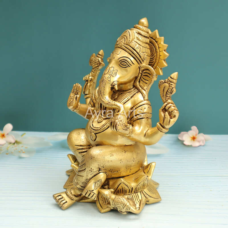 Brass Ganesh Idol Sitting on Lotus Ganpati Bhagwan Statue for Home Entrance Good Luck Vastu Decoration Showpiece and Gift - 10 Inch Height