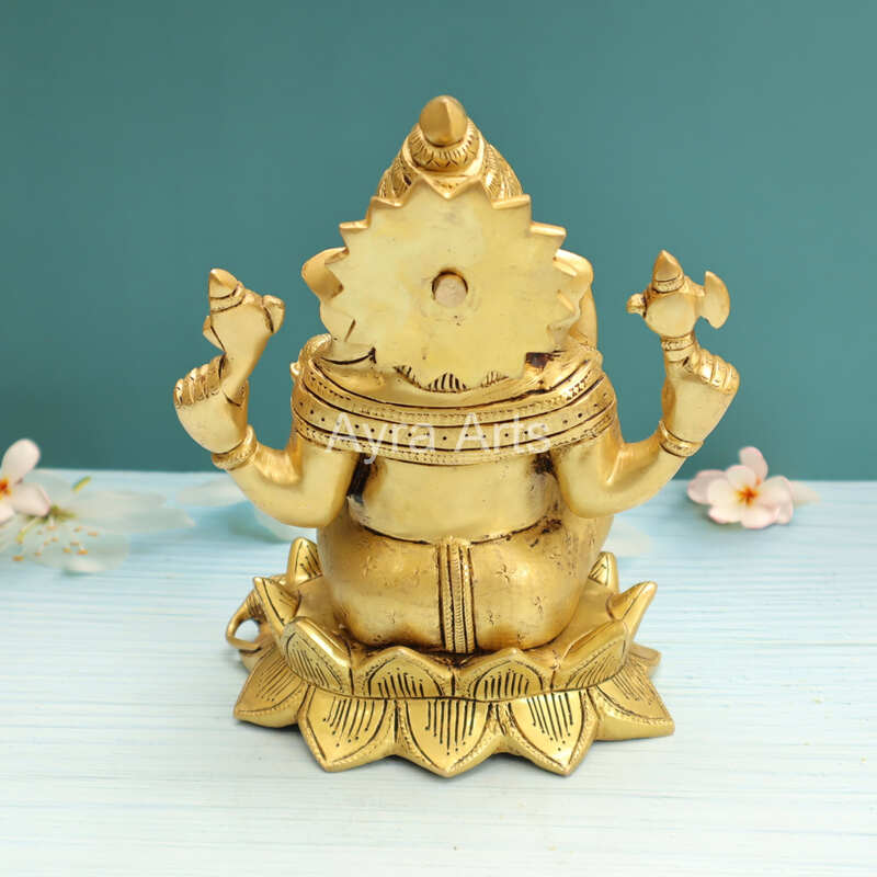 Brass Ganesh Idol Sitting on Lotus Ganpati Bhagwan Statue for Home Entrance Good Luck Vastu Decoration Showpiece and Gift - 10 Inch Height