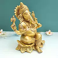 Brass Ganesh Idol Sitting on Lotus Ganpati Bhagwan Statue for Home Entrance Good Luck Vastu Decoration Showpiece and Gift - 10 Inch Height