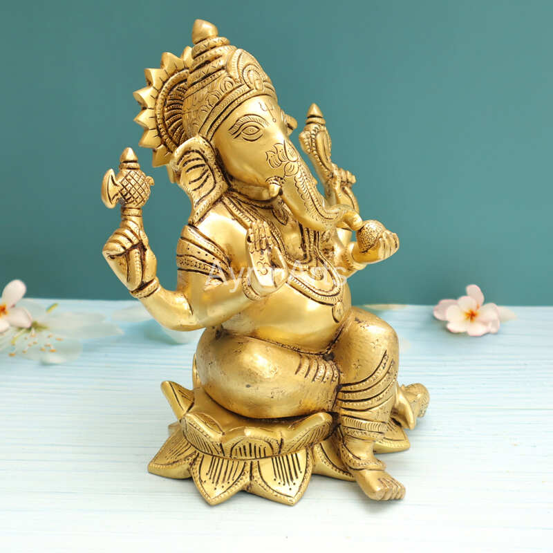 Brass Ganesh Idol Sitting on Lotus Ganpati Bhagwan Statue for Home Entrance Good Luck Vastu Decoration Showpiece and Gift - 10 Inch Height