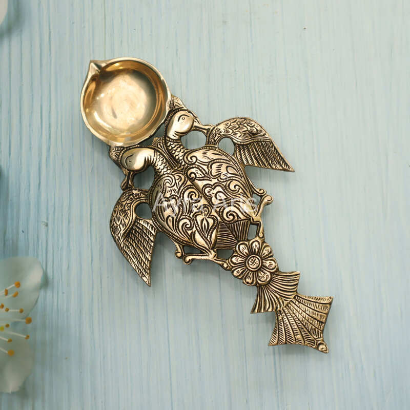 Brass Metal Handcrafted Twin Bird Aarti Diya Spoon - 11 Inch Height