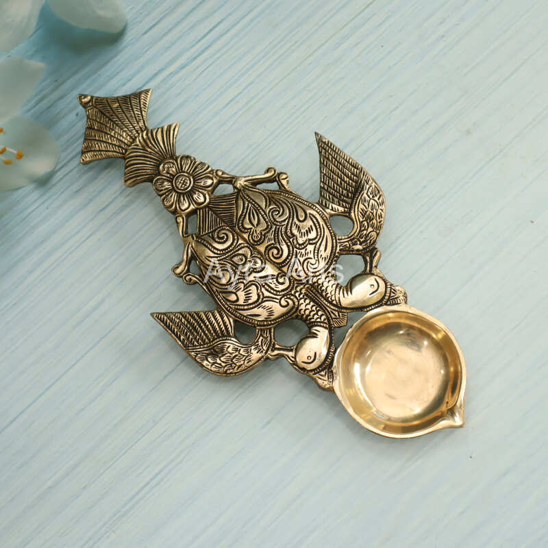 Brass Metal Handcrafted Twin Bird Aarti Diya Spoon - 11 Inch Height