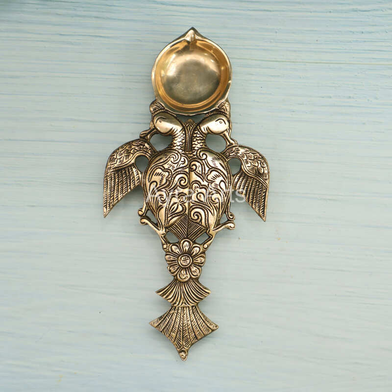 Brass Metal Handcrafted Twin Bird Aarti Diya Spoon - 11 Inch Height