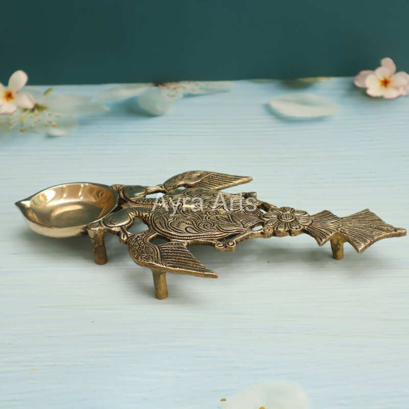 Brass Metal Handcrafted Twin Bird Aarti Diya Spoon - 11 Inch Height