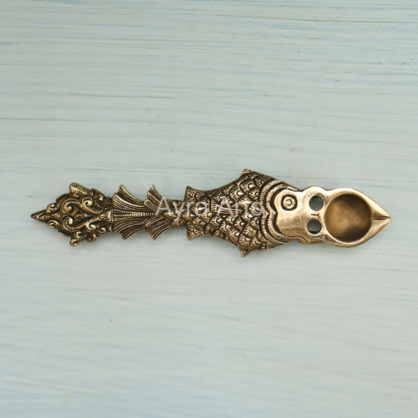 Fish Design Round Brass Pooja Aarti Spoon Oil Diya, Hawan Spoon for Pouring Ghee in Hawan Kund - 10 Inch Height