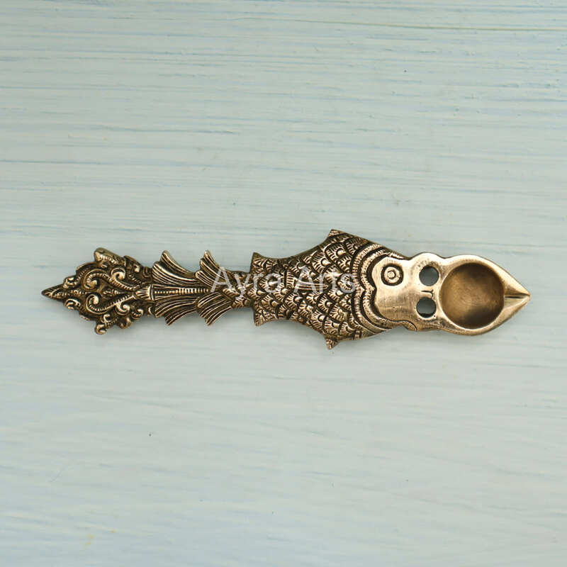 Fish Design Round Brass Pooja Aarti Spoon Oil Diya, Hawan Spoon for Pouring Ghee in Hawan Kund - 10 Inch Height