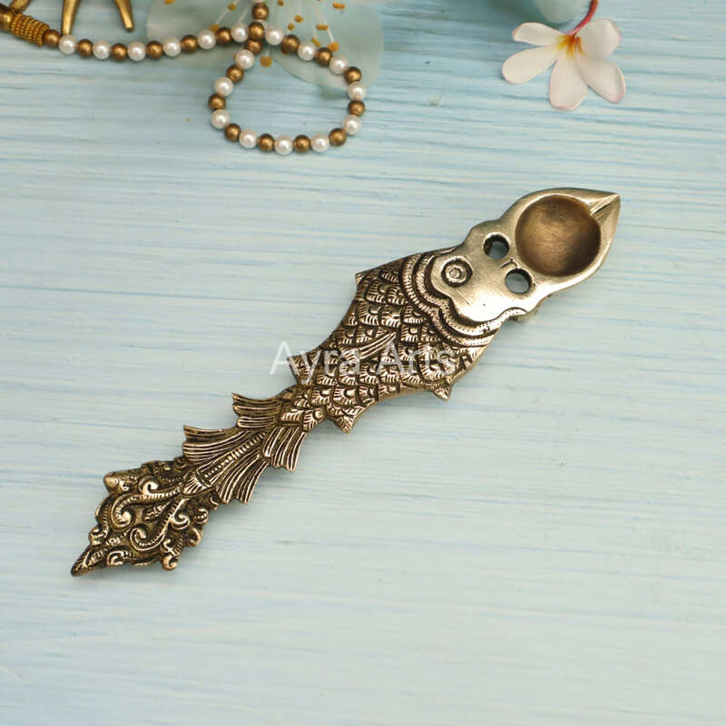 Fish Design Round Brass Pooja Aarti Spoon Oil Diya, Hawan Spoon for Pouring Ghee in Hawan Kund - 10 Inch Height