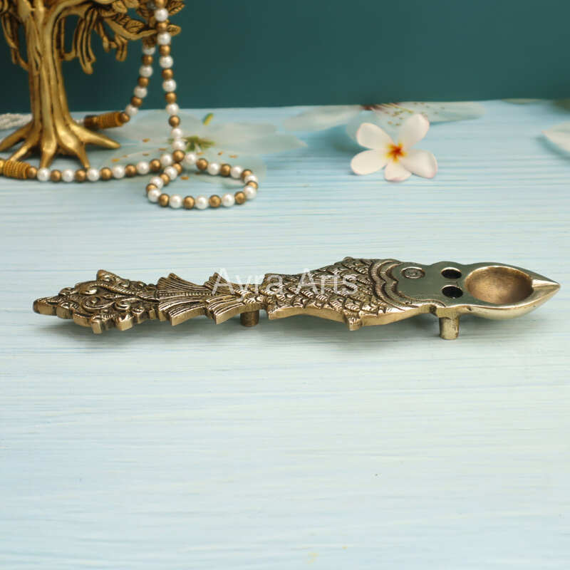 Fish Design Round Brass Pooja Aarti Spoon Oil Diya, Hawan Spoon for Pouring Ghee in Hawan Kund - 10 Inch Height