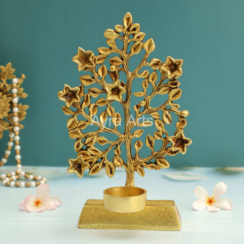 Brass Kalpvriksha Tree With Diya And Candle Holder for Home Decor - 9.6 Inch height