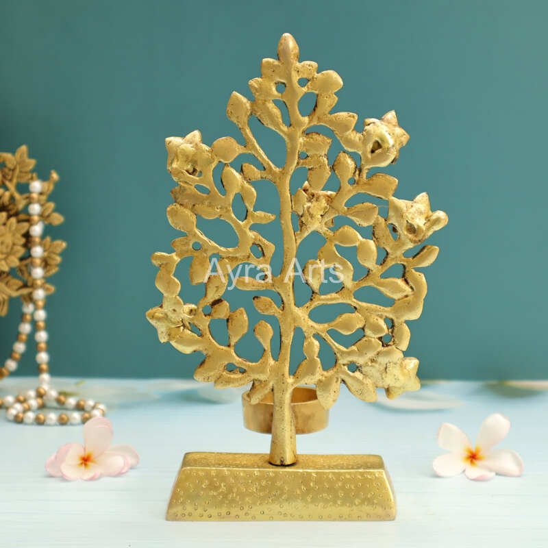 Brass Kalpvriksha Tree With Diya And Candle Holder for Home Decor - 9.6 Inch height