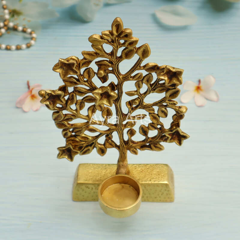 Brass Kalpvriksha Tree With Diya And Candle Holder for Home Decor - 9.6 Inch height