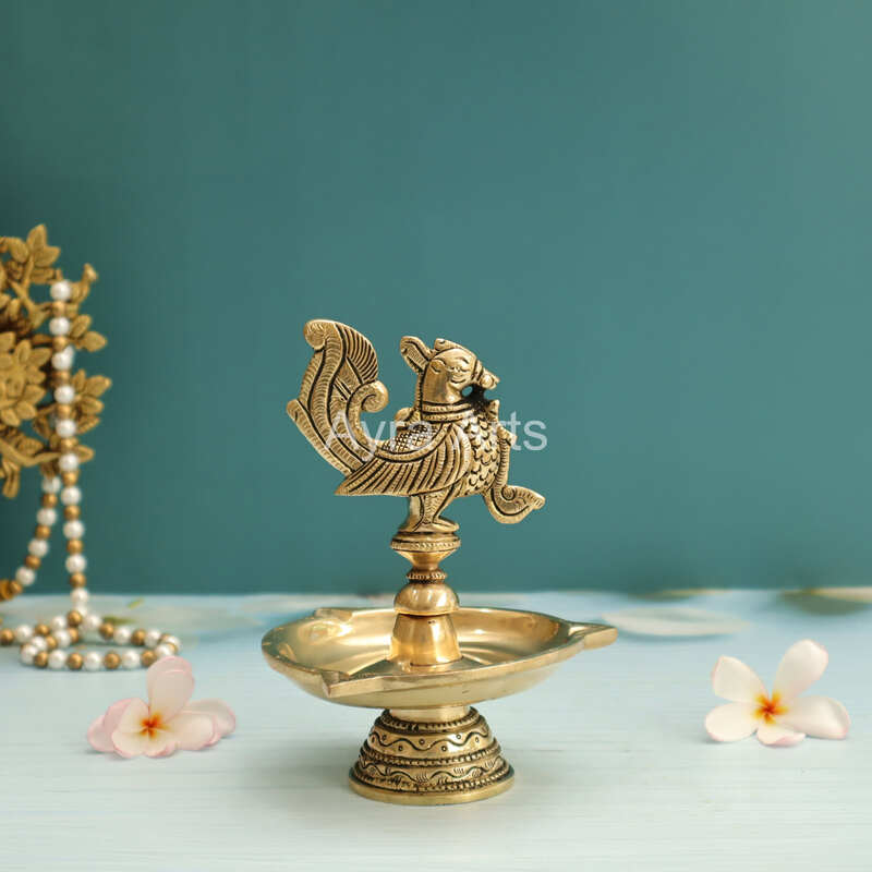 Ethnic Design Brass Three Wick Peacock Diya - 6 Inch Height
