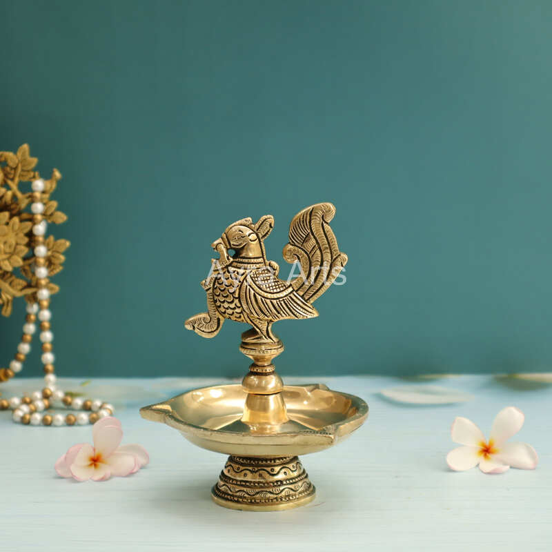 Ethnic Design Brass Three Wick Peacock Diya - 6 Inch Height