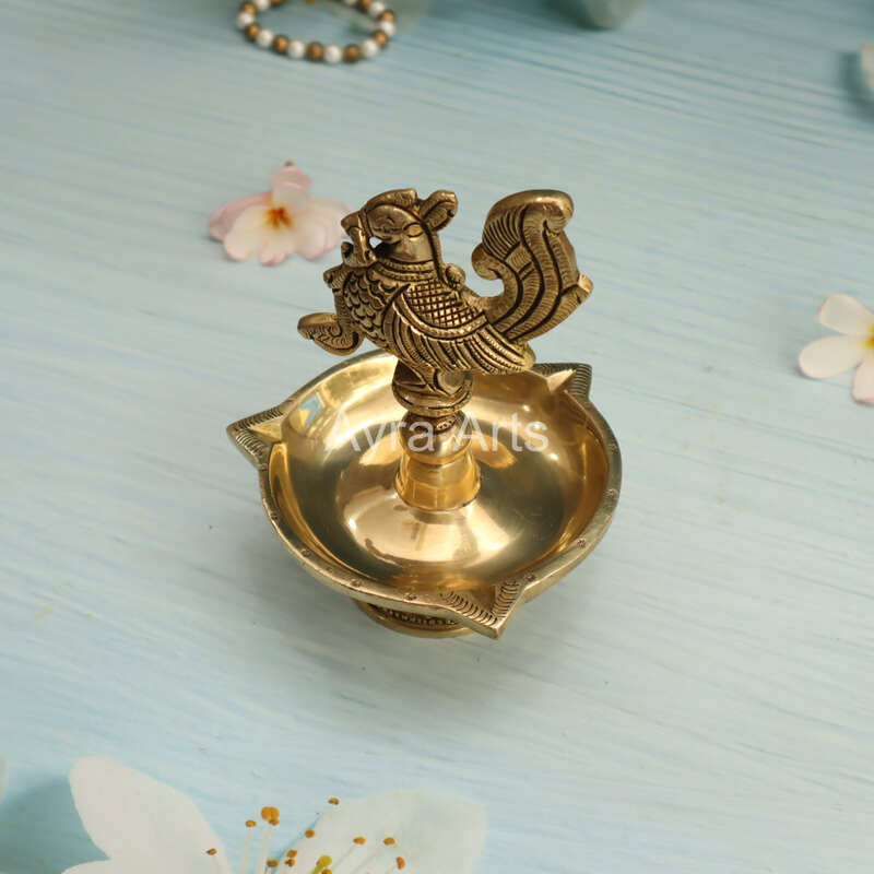 Ethnic Design Brass Three Wick Peacock Diya - 6 Inch Height
