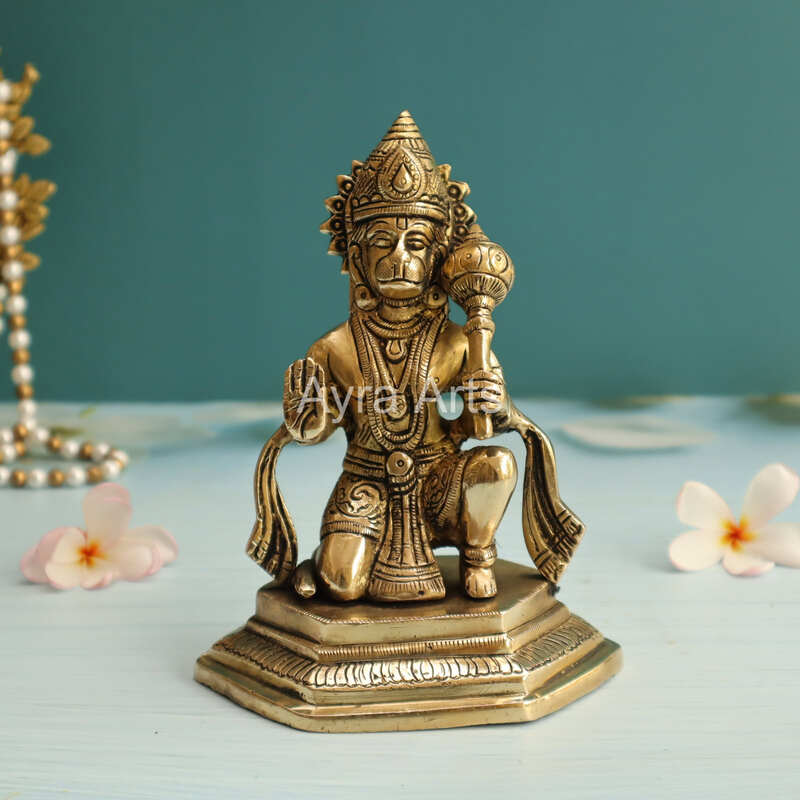 Sankat Mochan Brass Blessing Hanuman Ji with Base - 6.5 Inch Height