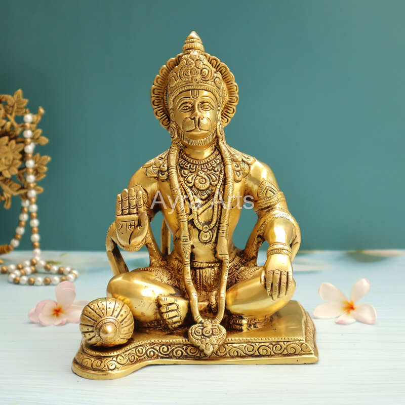 Handcrafted Brass Bajrangbali Blessing Hanuman Ji Idol In Sitting Position - 9 Inch Height