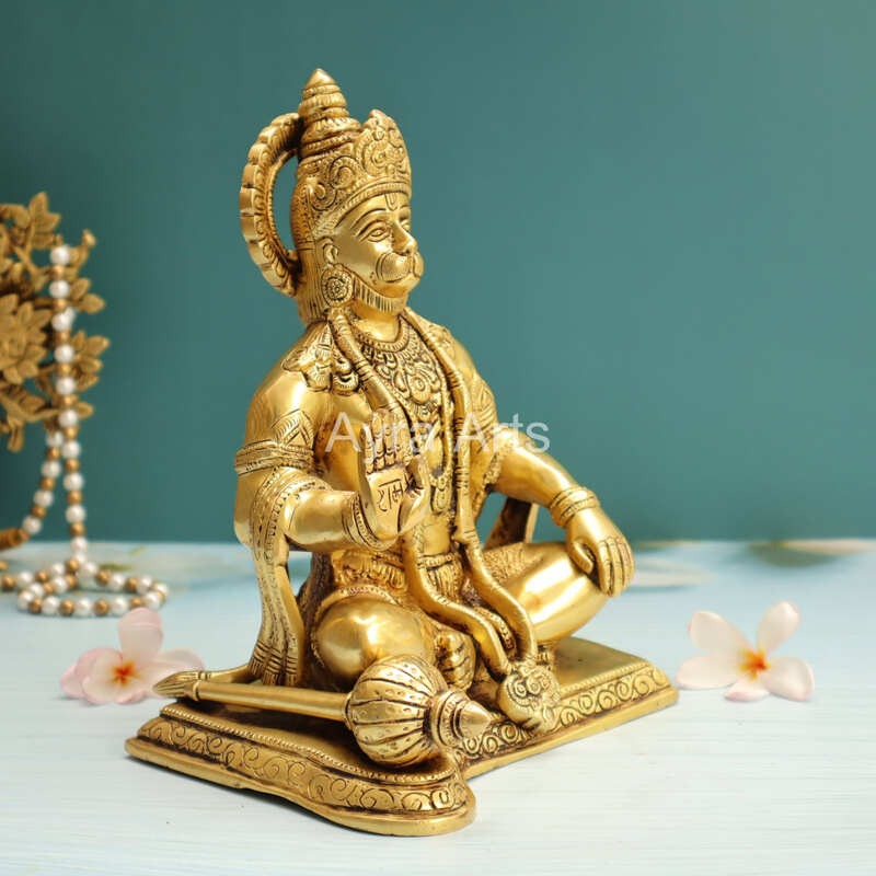 Handcrafted Brass Bajrangbali Blessing Hanuman Ji Idol In Sitting Position - 9 Inch Height