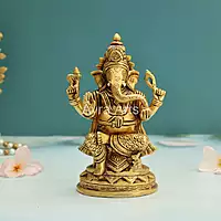 Antique Brass Ganesh Ganpati Vinayaka Murti Statue for Pooja - 6.5 Inch Height
