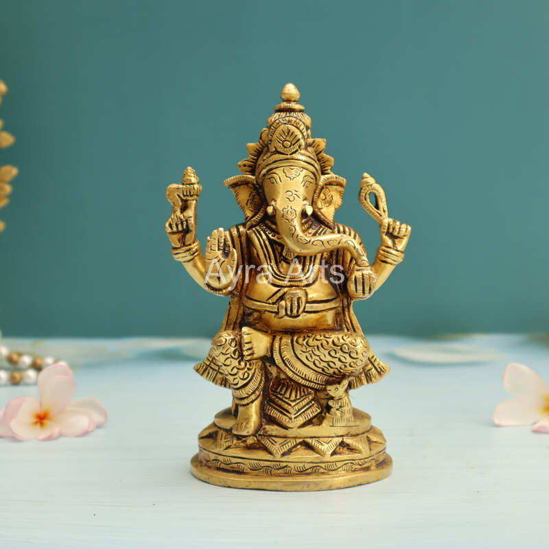 Antique Brass Ganesh Ganpati Vinayaka Murti Statue for Pooja - 6.5 Inch Height