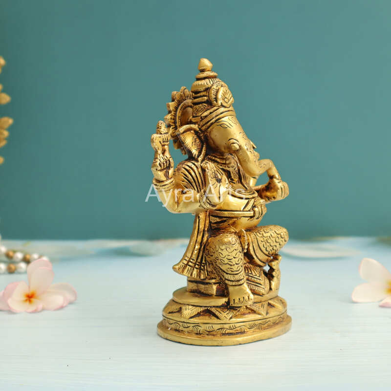 Antique Brass Ganesh Ganpati Vinayaka Murti Statue for Pooja - 6.5 Inch Height