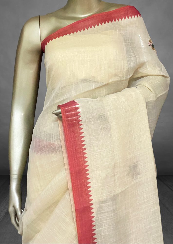 Saanvi White Base – The Linen French Knot Saree SWS143