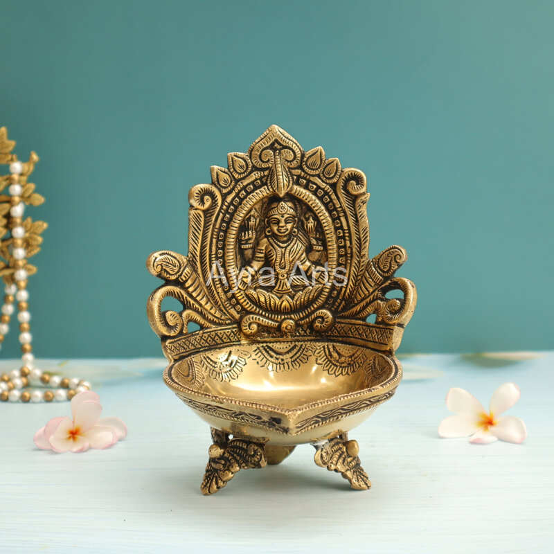Brass Lakshmi Akhand Diya - 7 inch Height | Decorative Brass Lakshmi Akhand Diya for Rituals - Buy Online