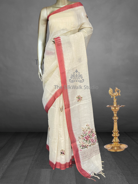 Saanvi White Base – The Linen French Knot Saree SWS143