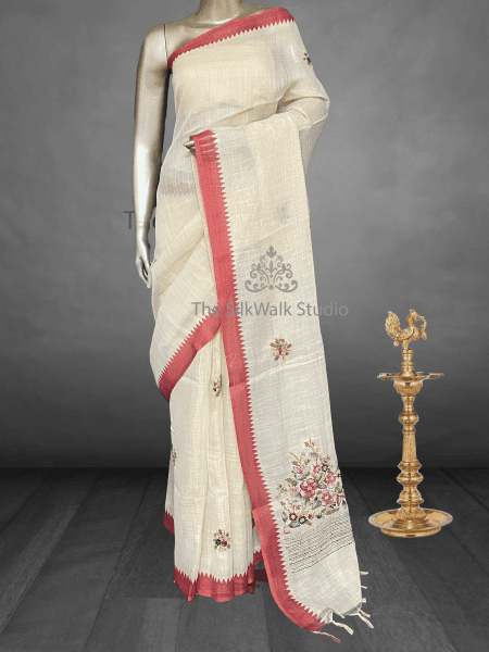 Saanvi White Base – The Linen French Knot Saree SWS156