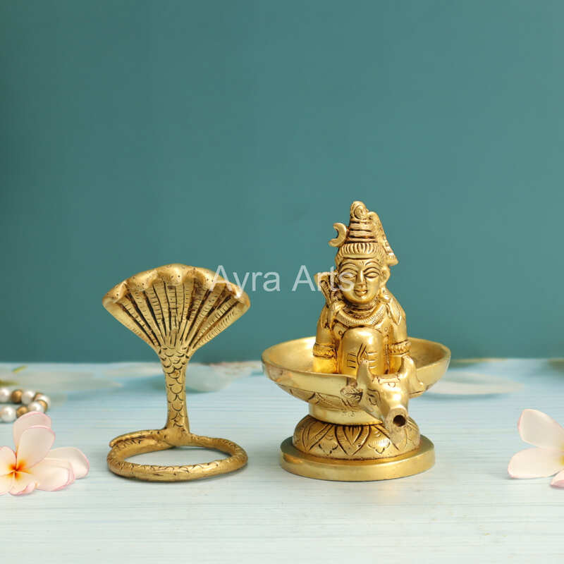 Brass Shiva on the Lingam with Removable Five Faced Adhishesha Snake - 5 inch height