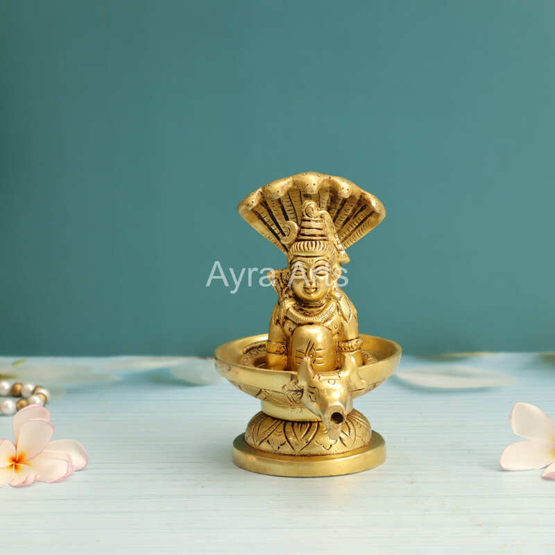 Brass Shiva on the Lingam with Removable Five Faced Adhishesha Snake - 5 inch height