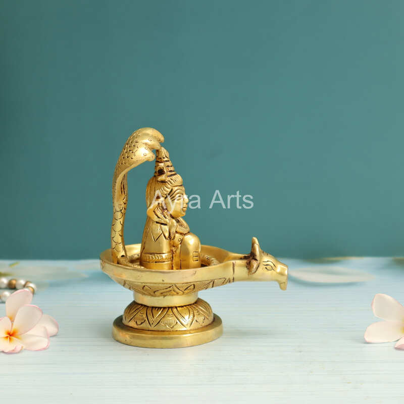Brass Shiva on the Lingam with Removable Five Faced Adhishesha Snake - 5 inch height