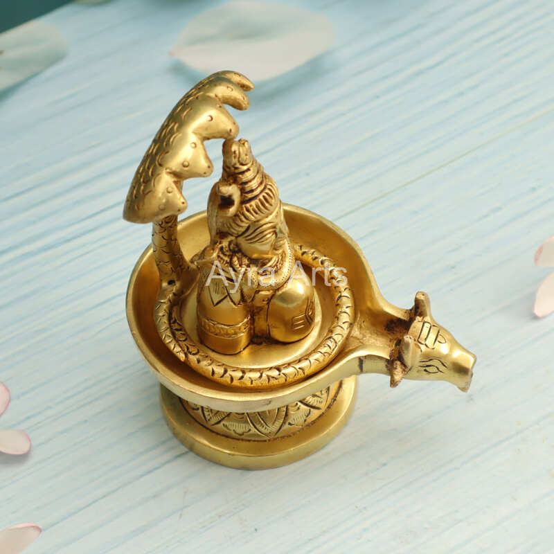 Brass Shiva on the Lingam with Removable Five Faced Adhishesha Snake - 5 inch height