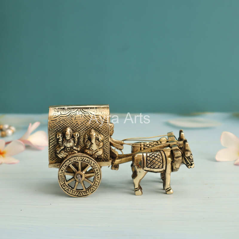 Brass Bullock Cart with Ganesha Lakshmi Carving Table Decor - 3 Inch Height
