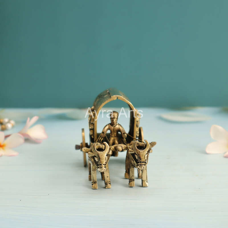 Brass Bullock Cart with Ganesha Lakshmi Carving Table Decor - 3 Inch Height
